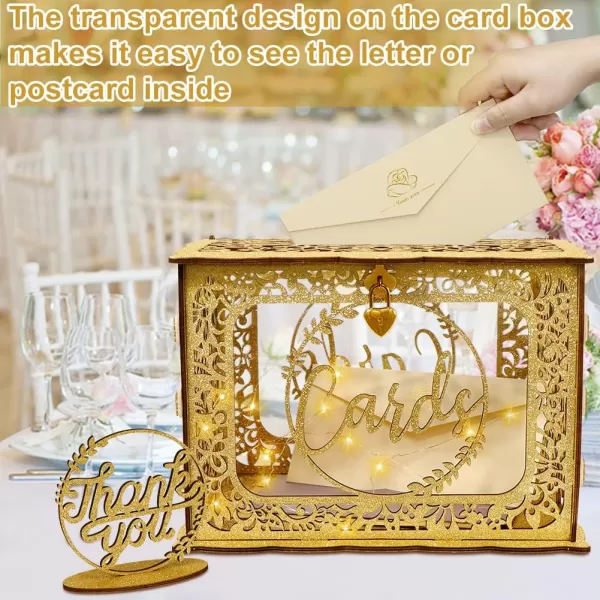 OurWarm Gold Wedding Card Box with Lock Glittery Wooden Gift Card Box Money Holder with String Light for Weddings Reception Baby Showers Birthdays Bridal or Graduation Party DecorationsGold