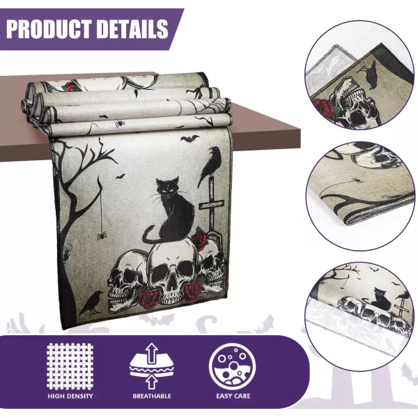 OurWarm Halloween Table Runner 72 Inches Long Vintage Skull Black Cat Owl Gray Black Burlap Halloween Table Runners Skeleton Burlap Day of Dead Table Decor for Kitchen Holiday Indoor Home PartyStyle 2