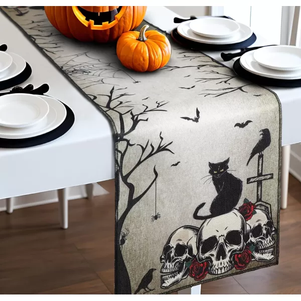 OurWarm Halloween Table Runner 72 Inches Long Vintage Skull Black Cat Owl Gray Black Burlap Halloween Table Runners Skeleton Burlap Day of Dead Table Decor for Kitchen Holiday Indoor Home PartyStyle 2