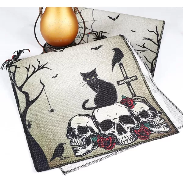 OurWarm Halloween Table Runner 72 Inches Long Vintage Skull Black Cat Owl Gray Black Burlap Halloween Table Runners Skeleton Burlap Day of Dead Table Decor for Kitchen Holiday Indoor Home PartyStyle 2