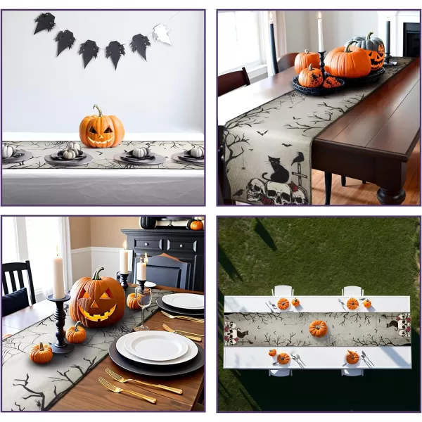 OurWarm Halloween Table Runner 72 Inches Long Vintage Skull Black Cat Owl Gray Black Burlap Halloween Table Runners Skeleton Burlap Day of Dead Table Decor for Kitchen Holiday Indoor Home PartyStyle 2