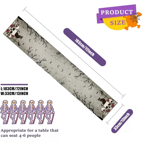 OurWarm Halloween Table Runner 72 Inches Long Vintage Skull Black Cat Owl Gray Black Burlap Halloween Table Runners Skeleton Burlap Day of Dead Table Decor for Kitchen Holiday Indoor Home PartyStyle 2