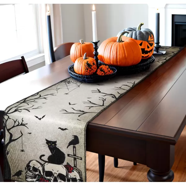 OurWarm Halloween Table Runner 72 Inches Long Vintage Skull Black Cat Owl Gray Black Burlap Halloween Table Runners Skeleton Burlap Day of Dead Table Decor for Kitchen Holiday Indoor Home PartyStyle 2
