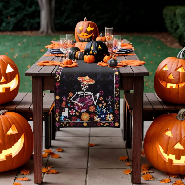 OurWarm Halloween Table Runner 72 inches Long Skeleton Day of Dead Indoor Halloween Decor Skull Flowers Candles Halloween Table Decorations for Kitchen Indoor Outdoor Home PartyOurWarm Halloween Table Runner 72 inches Long Skeleton Day of Dead Indoor Halloween Decor Skull Flowers Candles Halloween Table Decorations for Kitchen Indoor Outdoor Home Party
