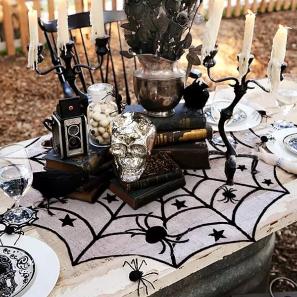 OurWarm Lace Spider Web Table Topper Cloth 40Inch Round Black Halloween Tablecloth for Halloween Table DecorationsOurWarm Lace Spider Web Table Topper Cloth 40Inch Round Black Halloween Tablecloth for Halloween Table Decorations