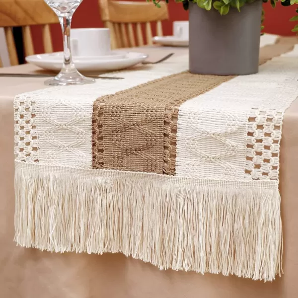 OurWarm Macrame Table Runner Farmhouse Style Natural Burlap Boho Table Runner Modern Farmhouse Decor Rustic Woven Cotton Crochet Lace for Bohemian RusticBridal Shower Wedding Dinner 72 x 12108 INCHES Creamywhite