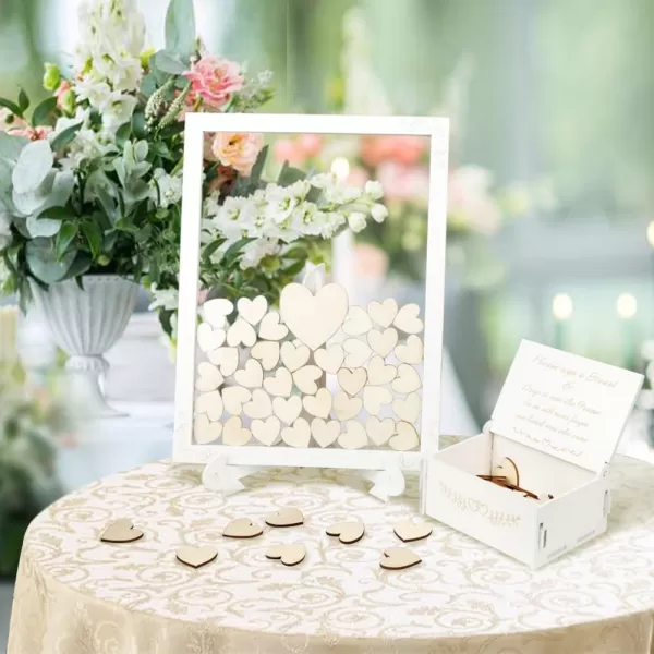 OurWarm Wedding Guest Book Alternative White Wooden Wedding Frame Guest Book Drop Box with Stand 71 Wooden Hearts and Plywood Box Wedding Signs Guest Book for Wedding Reception and CeremonyClear