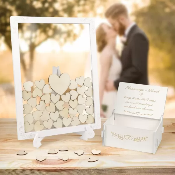 OurWarm Wedding Guest Book Alternative White Wooden Wedding Frame Guest Book Drop Box with Stand 71 Wooden Hearts and Plywood Box Wedding Signs Guest Book for Wedding Reception and CeremonyClear