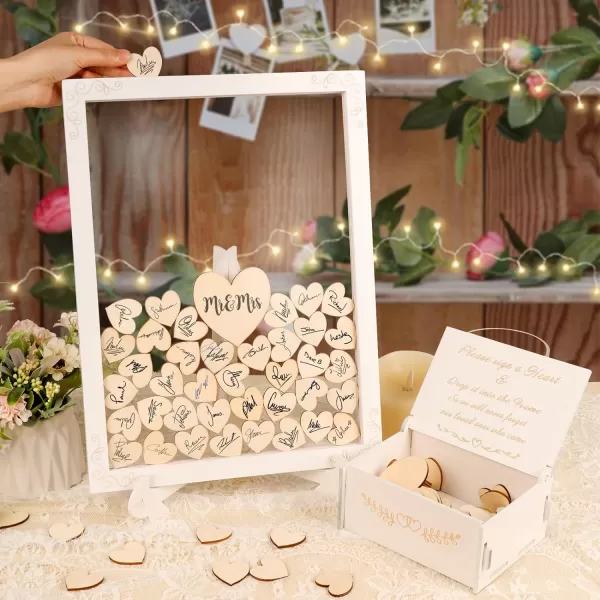 OurWarm Wedding Guest Book Alternative White Wooden Wedding Frame Guest Book Drop Box with Stand 71 Wooden Hearts and Plywood Box Wedding Signs Guest Book for Wedding Reception and CeremonyClear