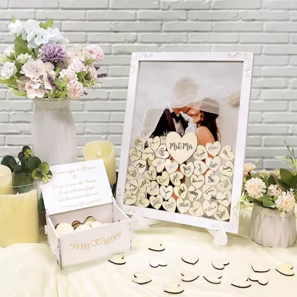 OurWarm Wedding Guest Book Alternative White Wooden Wedding Frame Guest Book Drop Box with Stand 71 Wooden Hearts and Plywood Box Wedding Signs Guest Book for Wedding Reception and CeremonyClear