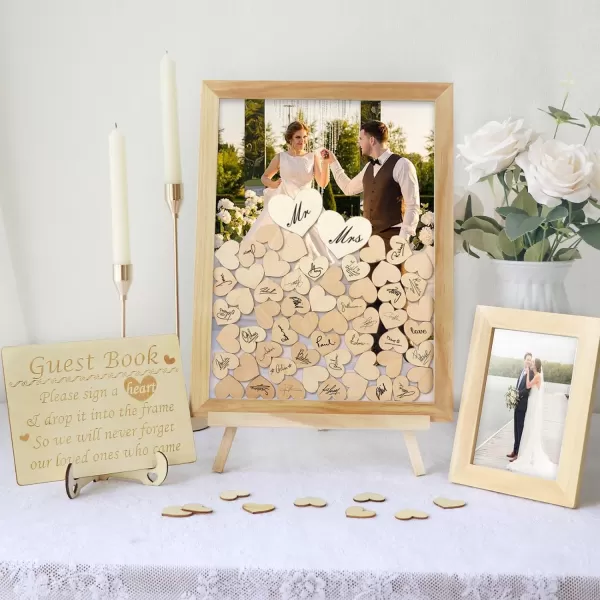 OurWarm Wedding Guest Book Alternative White Wooden Wedding Frame Guest Book Drop Box with Stand 71 Wooden Hearts and Plywood Box Wedding Signs Guest Book for Wedding Reception and CeremonyYellow Natural