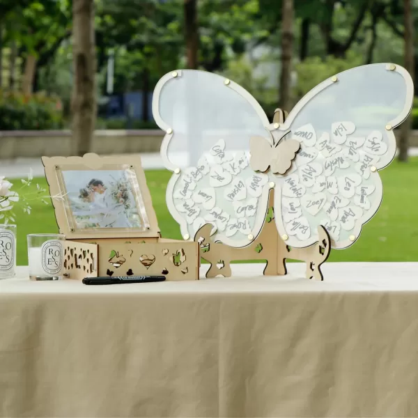 OurWarm Wedding Guest Book Alternative Wooden Butterfly Wedding Decor Guest Book with 50 Hearts 50 Butterflies Marker Pen Wedding Decorations for Reception Wedding Signs for Anniversary CeremonyYellow
