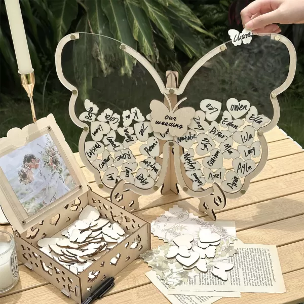 OurWarm Wedding Guest Book Alternative Wooden Butterfly Wedding Decor Guest Book with 50 Hearts 50 Butterflies Marker Pen Wedding Decorations for Reception Wedding Signs for Anniversary CeremonyYellow