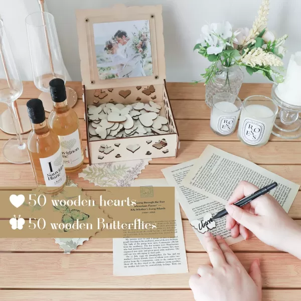 OurWarm Wedding Guest Book Alternative Wooden Butterfly Wedding Decor Guest Book with 50 Hearts 50 Butterflies Marker Pen Wedding Decorations for Reception Wedding Signs for Anniversary CeremonyYellow