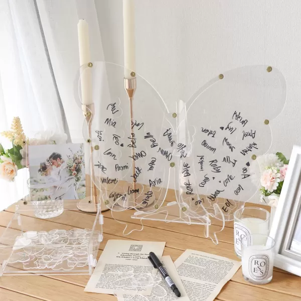 OurWarm Wedding Guest Book Alternative Wooden Butterfly Wedding Decor Guest Book with 50 Hearts 50 Butterflies Marker Pen Wedding Decorations for Reception Wedding Signs for Anniversary CeremonyClear