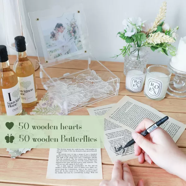 OurWarm Wedding Guest Book Alternative Wooden Butterfly Wedding Decor Guest Book with 50 Hearts 50 Butterflies Marker Pen Wedding Decorations for Reception Wedding Signs for Anniversary CeremonyClear