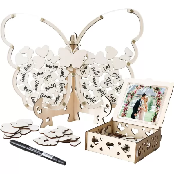 OurWarm Wedding Guest Book Alternative Wooden Butterfly Wedding Decor Guest Book with 50 Hearts 50 Butterflies Marker Pen Wedding Decorations for Reception Wedding Signs for Anniversary CeremonyYellow