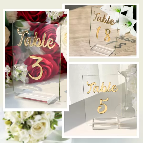 OurWarm White Rose Acrylic Wedding Table Numbers 120 4x6 Inch Printed Calligraphy Table Number with Stands Clear Table Number Signs and Holders Perfect for Wedding Reception Anniversary EventGold MirrorClear Acrylic