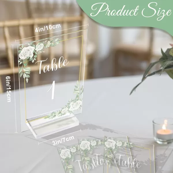 OurWarm White Rose Acrylic Wedding Table Numbers 120 4x6 Inch Printed Calligraphy Table Number with Stands Clear Table Number Signs and Holders Perfect for Wedding Reception Anniversary Eventu200EWhite Rose Theme