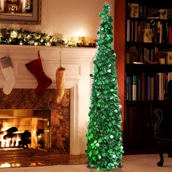 PartyTalk 5ft Pop Up Christmas Tree with Stand Silver Tinsel Collapsible Artificial Christmas Tree for Holiday Christmas Home DecorationsGreen