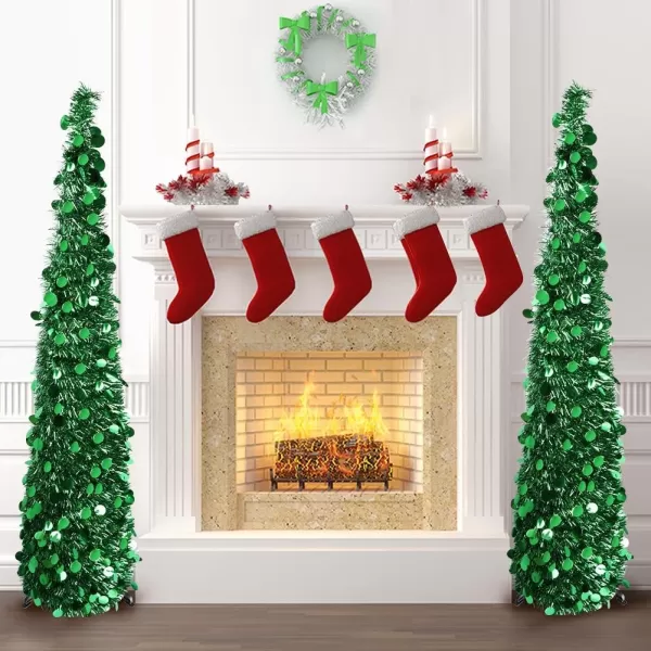 PartyTalk 5ft Pop Up Christmas Tree with Stand Silver Tinsel Collapsible Artificial Christmas Tree for Holiday Christmas Home DecorationsGreen