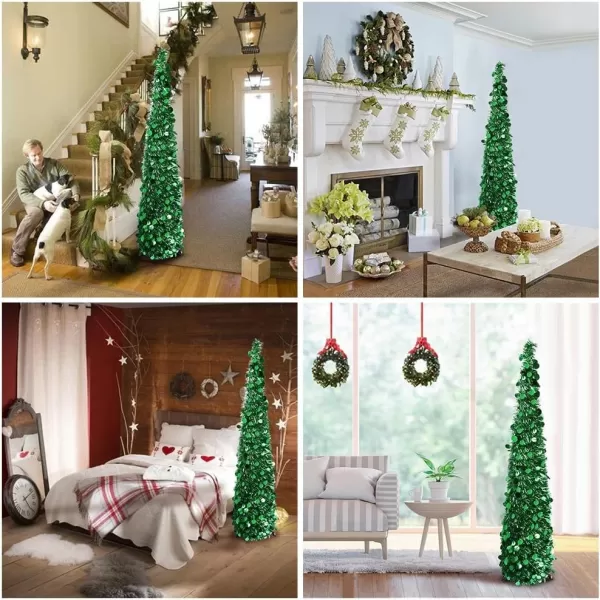 PartyTalk 5ft Pop Up Christmas Tree with Stand Silver Tinsel Collapsible Artificial Christmas Tree for Holiday Christmas Home DecorationsGreen