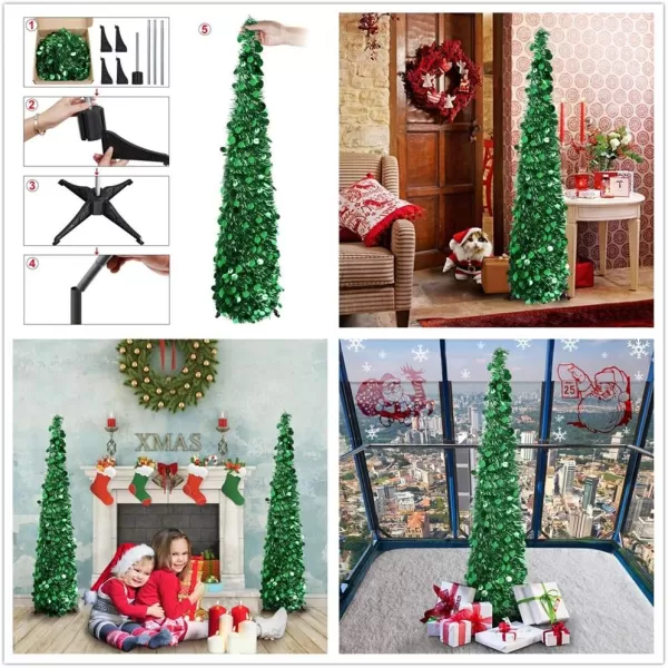PartyTalk 5ft Pop Up Christmas Tree with Stand Silver Tinsel Collapsible Artificial Christmas Tree for Holiday Christmas Home DecorationsGreen
