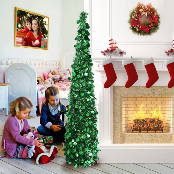 PartyTalk 5ft Pop Up Christmas Tree with Stand Silver Tinsel Collapsible Artificial Christmas Tree for Holiday Christmas Home DecorationsGreen