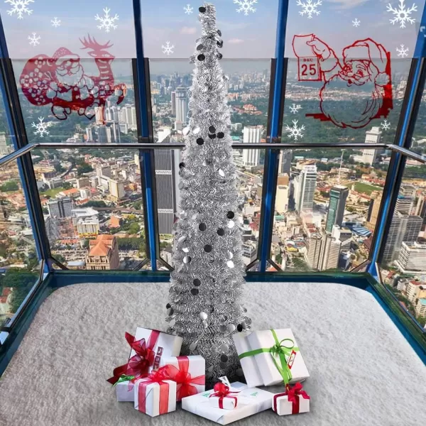 PartyTalk 5ft Pop Up Christmas Tree with Stand Silver Tinsel Collapsible Artificial Christmas Tree for Holiday Christmas Home DecorationsSilver