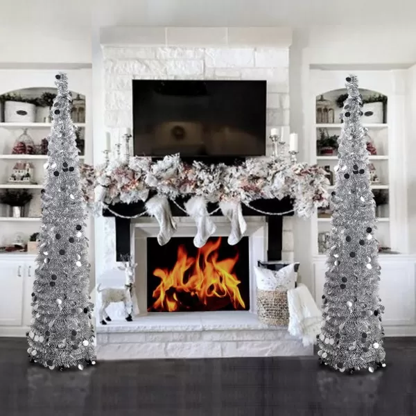 PartyTalk 5ft Pop Up Christmas Tree with Stand Silver Tinsel Collapsible Artificial Christmas Tree for Holiday Christmas Home DecorationsSilver