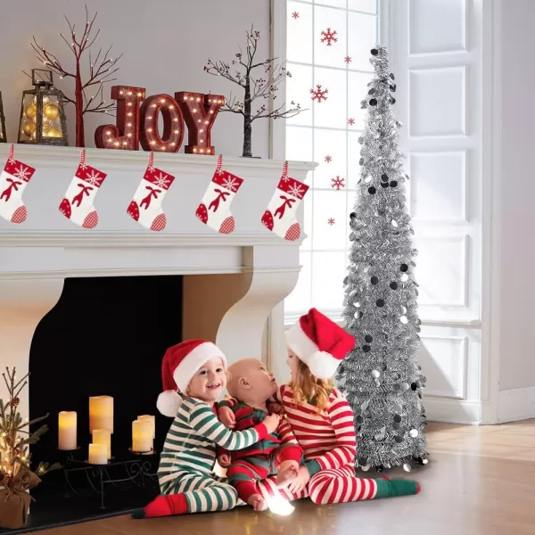 PartyTalk 5ft Pop Up Christmas Tree with Stand Silver Tinsel Collapsible Artificial Christmas Tree for Holiday Christmas Home DecorationsSilver