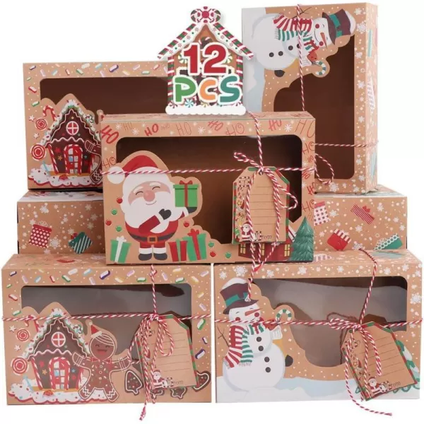 OurWarm 12 Pack Christmas Cookie Boxes Large Holiday Bakery Gift Boxes with Window and Tags Kraft Cupcake Boxes Food Packaging Containers for Gift Giving Christmas Party Favor Fits 20 CookiesPaper
