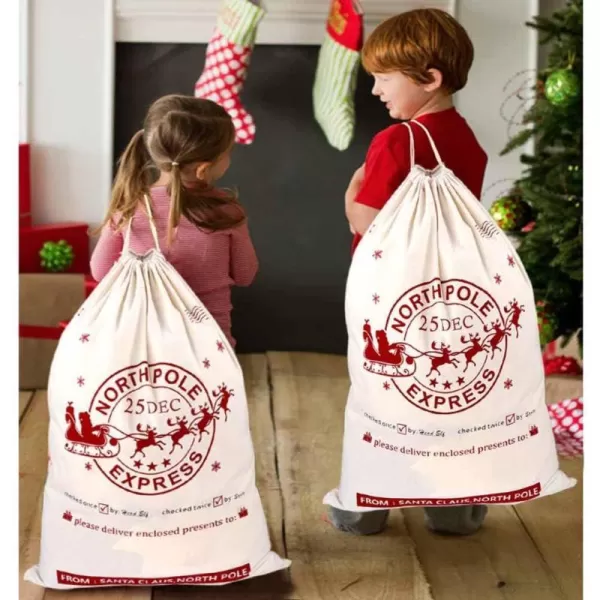 OurWarm 2pcs Santa Sacks Canvas Bags with Drawstring Large Christmas Bags Santa Bags for gifts Kids Presents Storage 19 x 27 InchBeige White