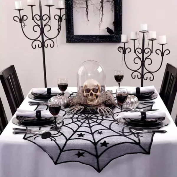 OurWarm 40Inch Black Spider Lace Table Topper Cloth Round Polyester Halloween Tablecloth for Halloween Table DecorationsOurWarm 40Inch Black Spider Lace Table Topper Cloth Round Polyester Halloween Tablecloth for Halloween Table Decorations