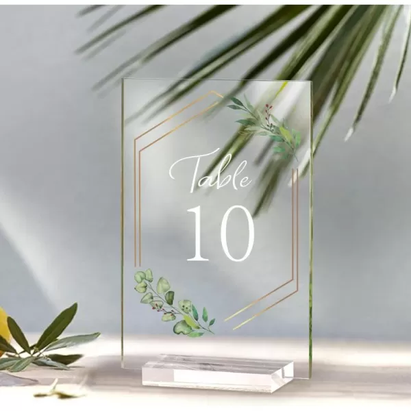 OurWarm Acrylic Wedding Table Numbers 120 with Stands 4x6 inches Clear Sign Wedding Place Card Eucalyptus Acrylic Sign for Wedding Reception Anniversary Baby Bridal Shower Birthday Table Setting10