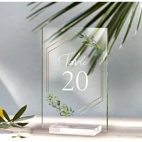 OurWarm Acrylic Wedding Table Numbers 120 with Stands 4x6 inches Clear Sign Wedding Place Card Eucalyptus Acrylic Sign for Wedding Reception Anniversary Baby Bridal Shower Birthday Table Setting20