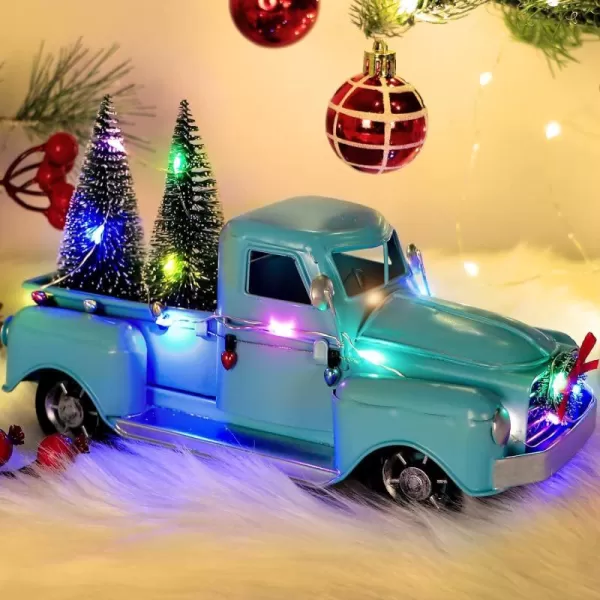 OurWarm Blue Christmas Truck Little Blue Truck Christmas Decor with 2 Mini Christmas Trees and LED String Lights Blue Metal Pickup Truck Car Model for Christmas Decorations Table Top DecorBlue