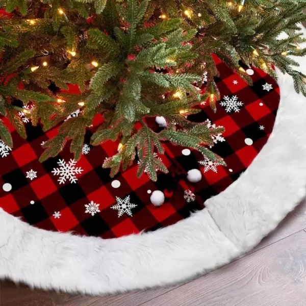 OurWarm Christmas Tree Skirt 48inch White Snowflake Fur Burlap Tree Skirt for Xmas Decor Festive Holiday Decorations Indoor OutdoorBuffalo Plaid