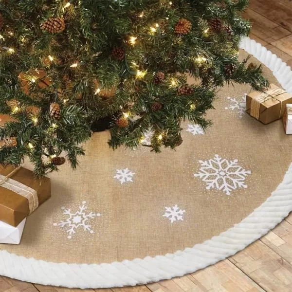 OurWarm Christmas Tree Skirt 48inch White Snowflake Fur Burlap Tree Skirt for Xmas Decor Festive Holiday Decorations Indoor OutdoorSingle Sided