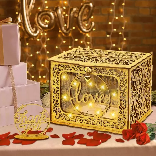 OurWarm Gold Wedding Card Box with Lock Glittery Wooden Gift Card Box Money Holder with String Light for Weddings Reception Baby Showers Birthdays Bridal or Graduation Party DecorationsGold