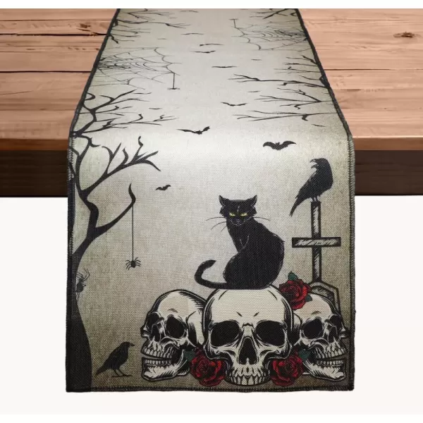 OurWarm Halloween Table Runner 72 Inches Long Vintage Skull Black Cat Owl Gray Black Burlap Halloween Table Runners Skeleton Burlap Day of Dead Table Decor for Kitchen Holiday Indoor Home PartyStyle 2