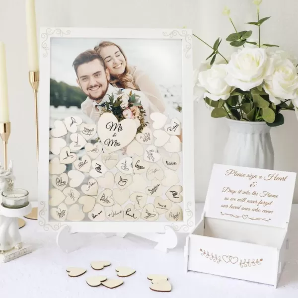 OurWarm Wedding Guest Book Alternative White Wooden Wedding Frame Guest Book Drop Box with Stand 71 Wooden Hearts and Plywood Box Wedding Signs Guest Book for Wedding Reception and CeremonyClear