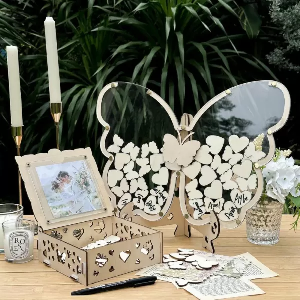 OurWarm Wedding Guest Book Alternative Wooden Butterfly Wedding Decor Guest Book with 50 Hearts 50 Butterflies Marker Pen Wedding Decorations for Reception Wedding Signs for Anniversary CeremonyYellow