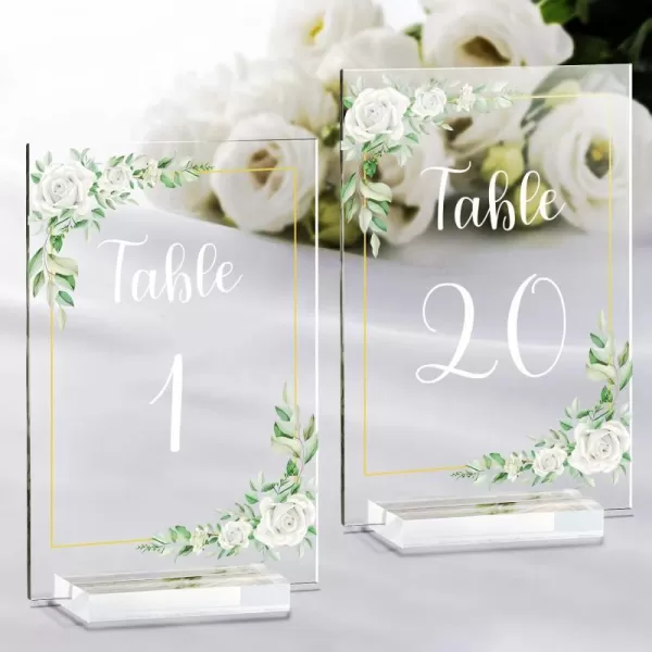 OurWarm White Rose Acrylic Wedding Table Numbers 120 4x6 Inch Printed Calligraphy Table Number with Stands Clear Table Number Signs and Holders Perfect for Wedding Reception Anniversary Eventu200EWhite Rose Theme