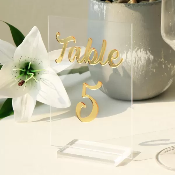 OurWarm White Rose Acrylic Wedding Table Numbers 120 4x6 Inch Printed Calligraphy Table Number with Stands Clear Table Number Signs and Holders Perfect for Wedding Reception Anniversary EventGold MirrorClear Acrylic