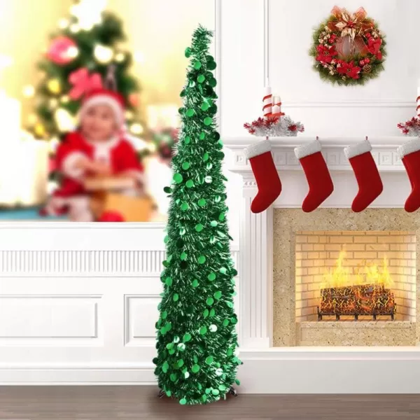 PartyTalk 5ft Pop Up Christmas Tree with Stand Silver Tinsel Collapsible Artificial Christmas Tree for Holiday Christmas Home DecorationsGreen