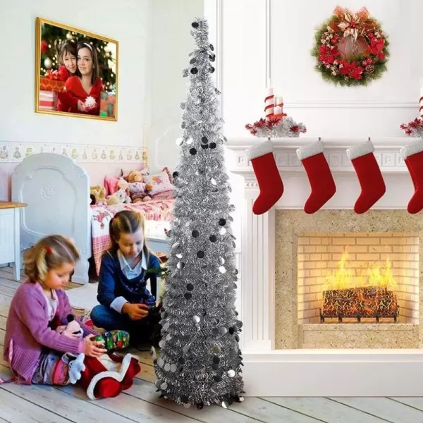 PartyTalk 5ft Pop Up Christmas Tree with Stand Silver Tinsel Collapsible Artificial Christmas Tree for Holiday Christmas Home DecorationsSilver