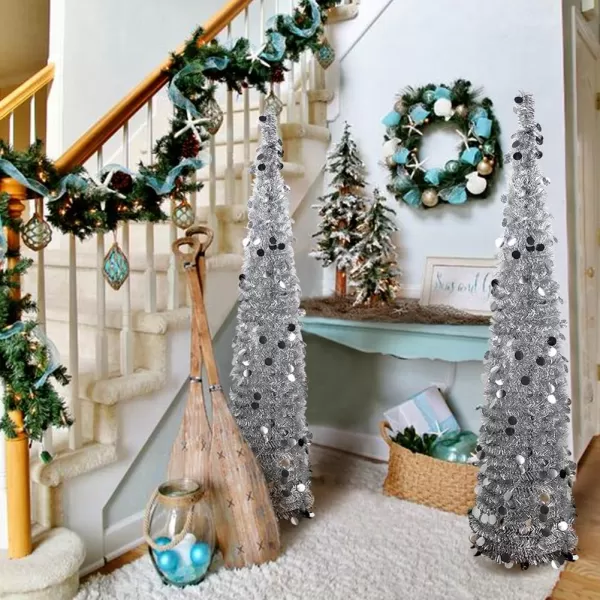 Aytai 5ft Collapsible Christmas Tree Silver Tinsel Coastal Christmas Tree for Holiday DecorationsAytai 5ft Collapsible Christmas Tree Silver Tinsel Coastal Christmas Tree for Holiday Decorations