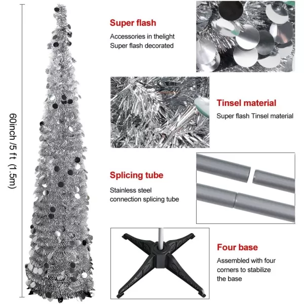 Aytai 5ft Collapsible Christmas Tree Silver Tinsel Coastal Christmas Tree for Holiday DecorationsAytai 5ft Collapsible Christmas Tree Silver Tinsel Coastal Christmas Tree for Holiday Decorations