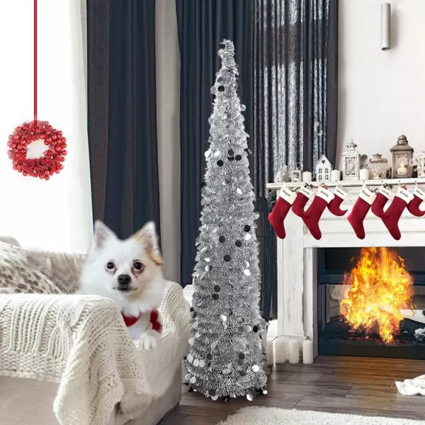 Aytai 5ft Collapsible Christmas Tree Silver Tinsel Coastal Christmas Tree for Holiday DecorationsAytai 5ft Collapsible Christmas Tree Silver Tinsel Coastal Christmas Tree for Holiday Decorations